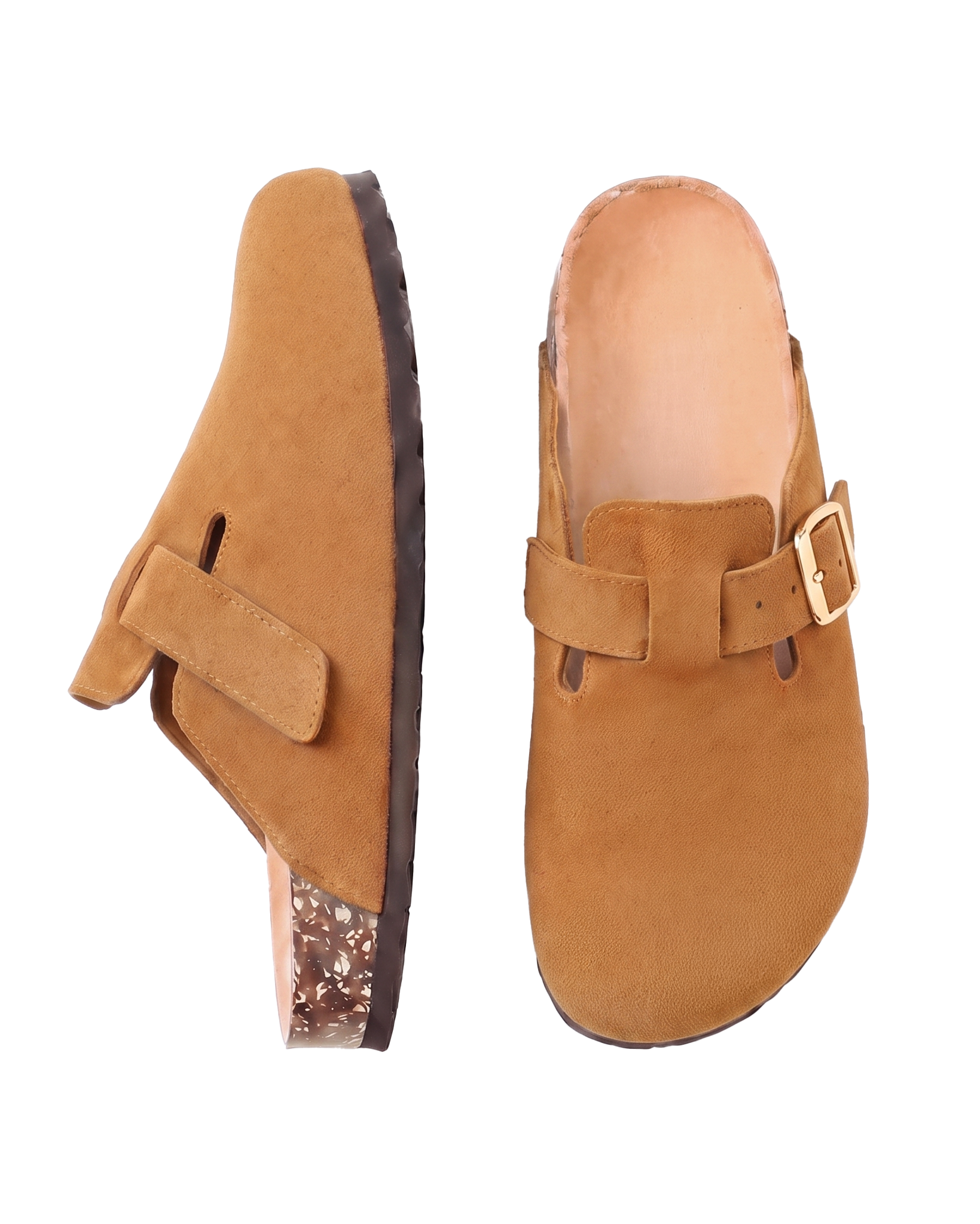 Mule Confort Suede coloris camel femme, vue de profil