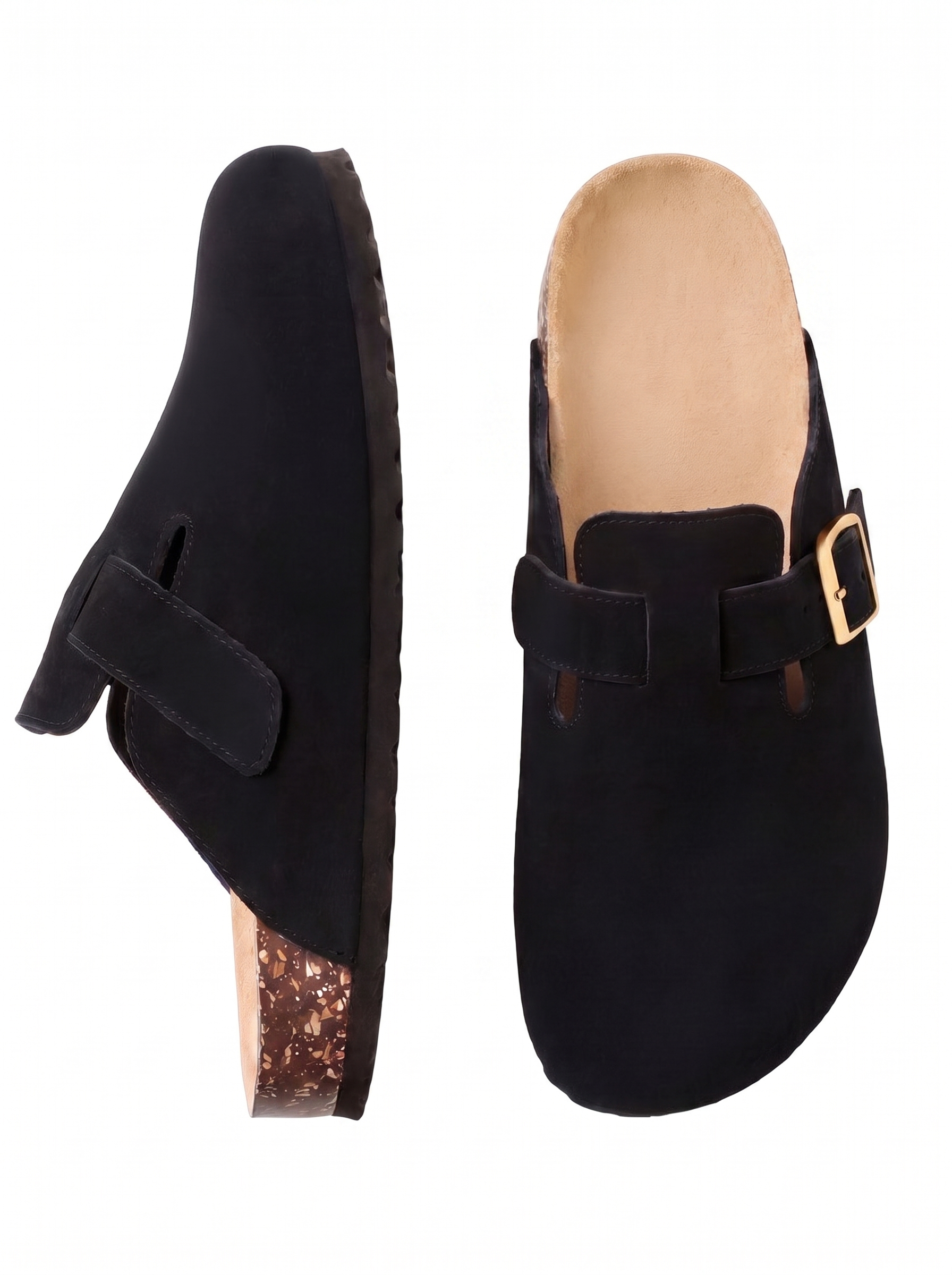 Mule Confort Suede coloris noir femme, vue de profil