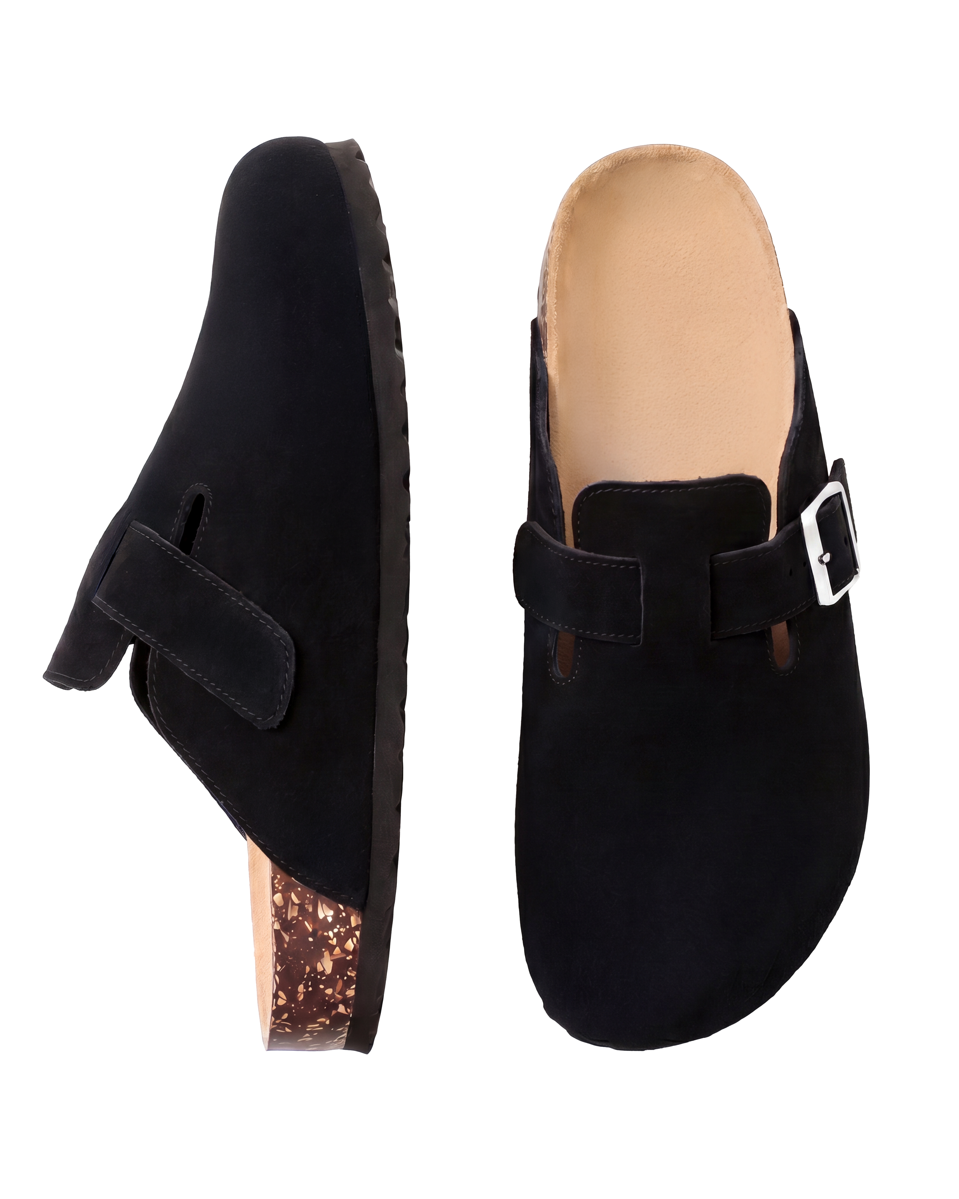 Mule Confort Suede coloris noir homme, vue de profil